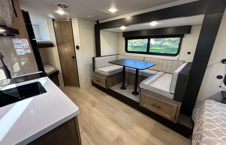 Kitchen and dinette interior view showing usable living space.
