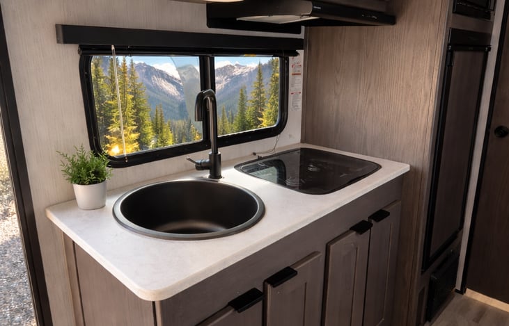 Spacious cooking area with keep stainless steel sink, dual burner propane stove, exhaust fan, microwave, and propane/electric refrigerator and freezer