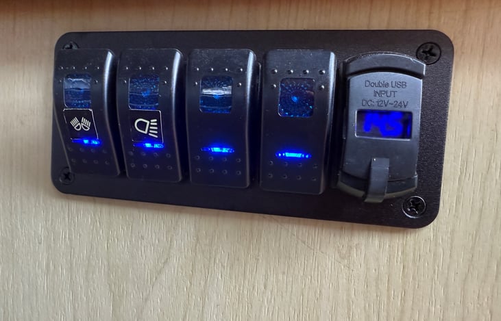 Brand new rocker switches give you a visual cue when your cabin lights are on, and include a display to give you battery voltage and USB charging all in one single high-tech panel.
