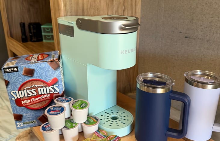Enjoy a complimentary start pack with a Keurig coffee maker, coffee pods, hot chocolate, and a few extra comforts for your stay.