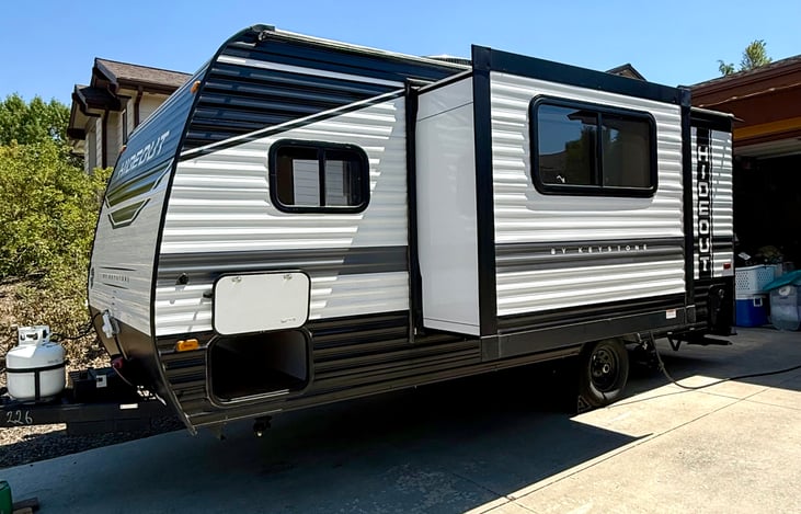 Exterior view of the slide-out, expanding the living space for extra comfort and room inside the RV.