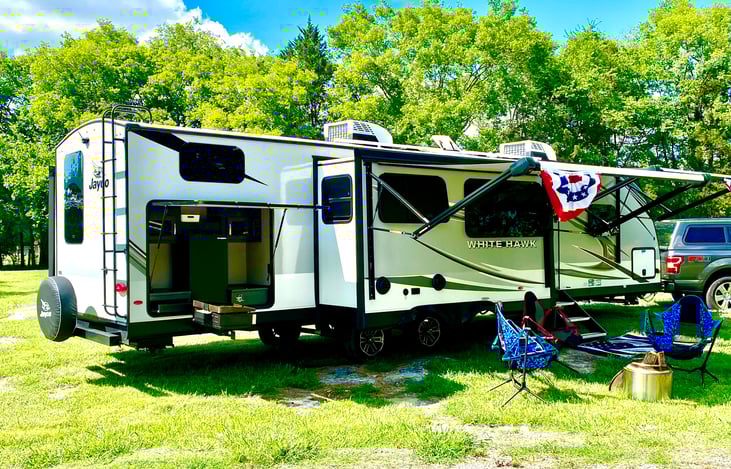 slide extension, outdoor kitchen, and awning extension