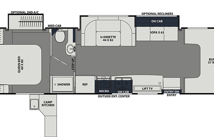 No outdoor camp kitchen in our model. All else same, with optional recliners.