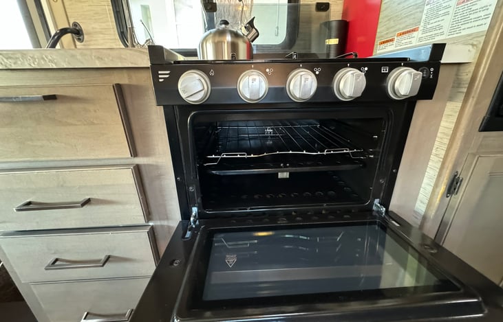 Back a pizza or some cookies, propane powered over. We recommend bringing disposible aluminum trays for easy clean up.