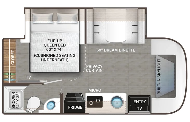 The floorplan of the RV, very good use of space.