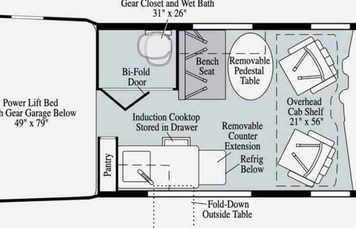 Seatbelts for 4, many of our guest bring a tent and have kids adventure outside while parents stay comfy and cool on the queen bed.