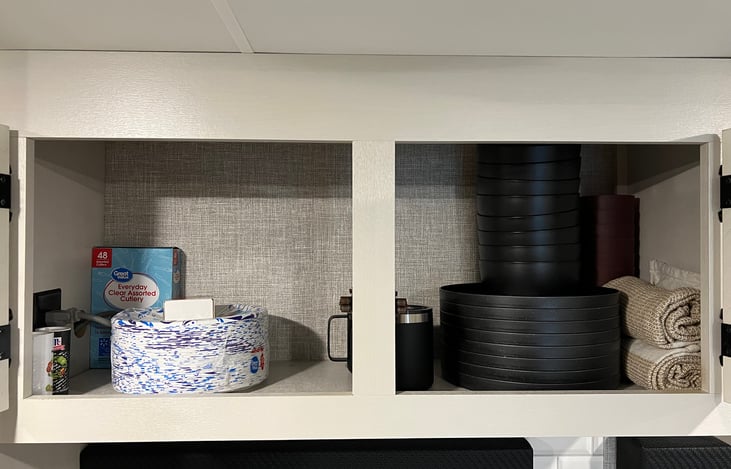 Plates, bowls, and cups for 8 are provided. Paper plates and plastic utensils are also available.