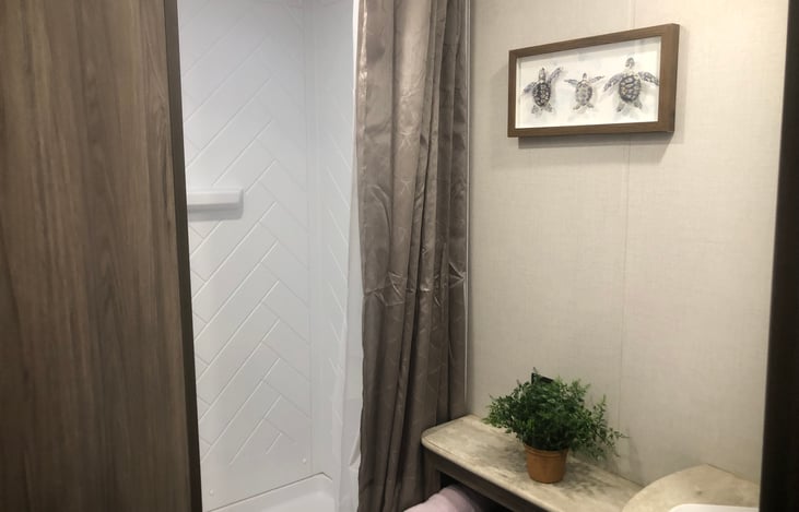 Shower and bathroom counter