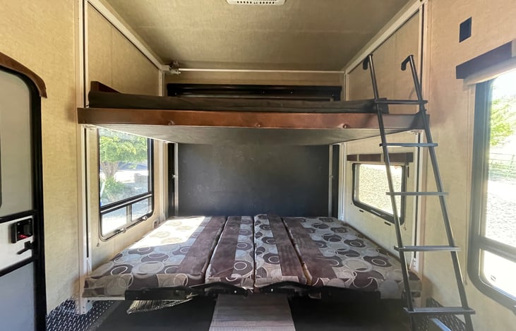 Garage bunk beds set up, both queen size.