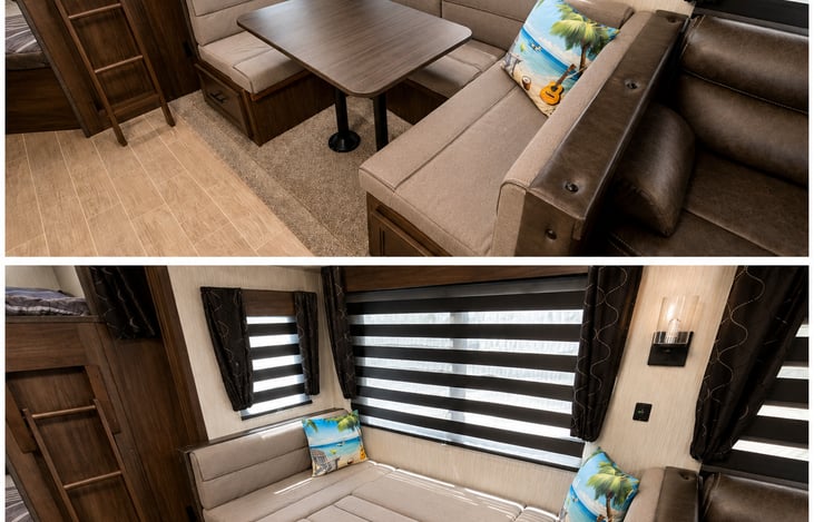 The dinette easily converts into an additional bed and includes fresh bedding at NO additional cost, providing even more comfortable sleeping space for your family or guests.