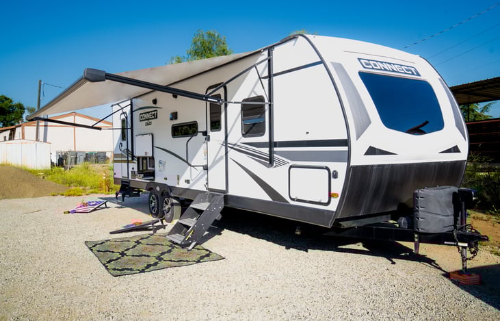 electronic awning extends for much needed shade on hot summer days.