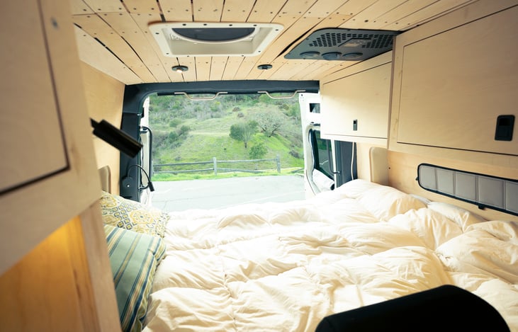 Main sleeping area with back doors open