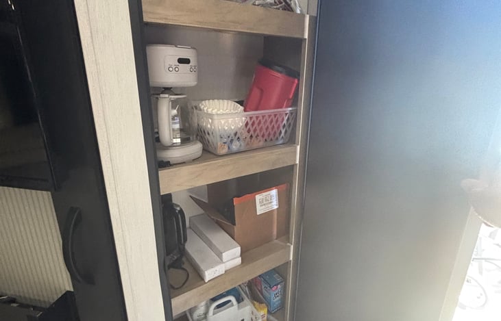 coffee pot, hot water kettle, filters, creamer and coffee provided