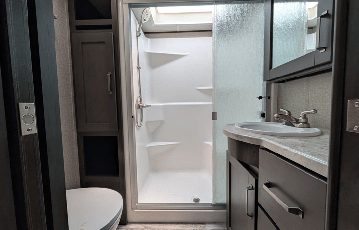 Spacious bathroom with full walk-in shower and skylight for natural light.