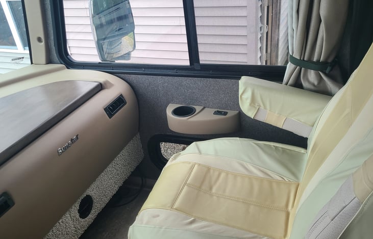 The passenger seat turns and reclines.