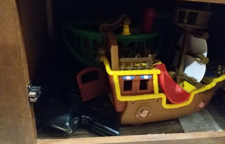 Water toys and Sand toys Under the Dinette Bench.