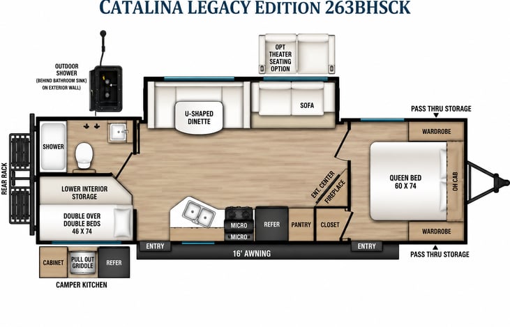Spacious family-friendly layout with a private queen bedroom, double-over-double bunks, full bathroom, U-shaped dinette, sofa, full kitchen, outdoor kitchen & outdoor shower.