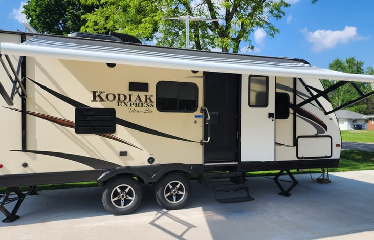 Electric awning with under lighting. Outdoor speakers.