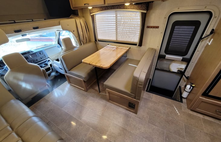 butcher block dining table with custom booth seating
