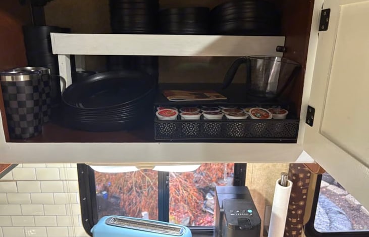 Plastic dishware, cups, coffee mugs, coffee maker, k cups and toaster