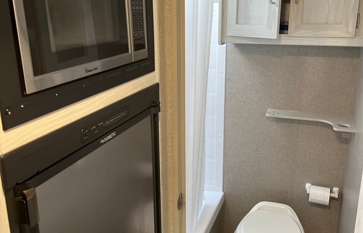 Bathroom, fridge and microwave