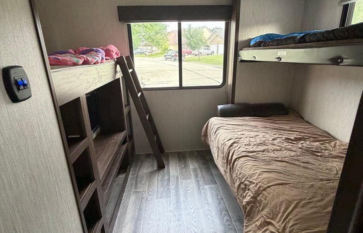 Kids bunk room bedding is provided sleeping bags, or comfort foam that cushions your sleep, pillows provided but not shown and sleeping bags or beds can be made your choice!