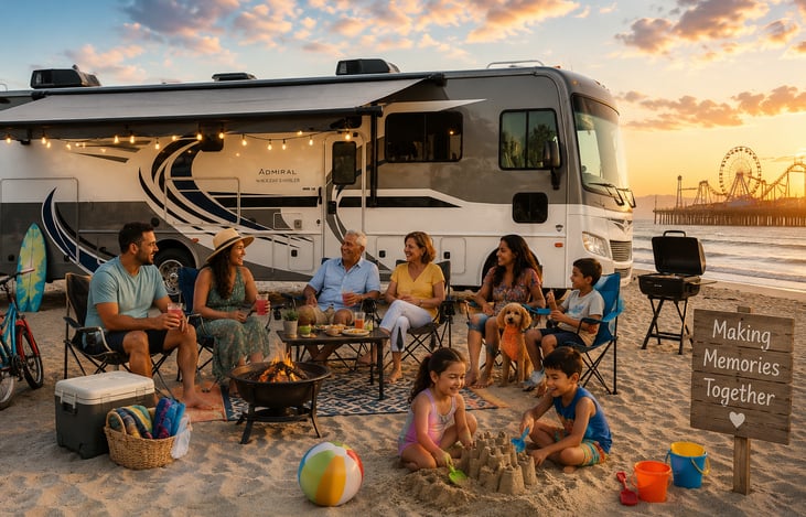 Making Memories Together: There is nothing quite like a coastal sunset campfire with the family right outside your luxury Holiday Rambler Admiral. Comfort, community, and the open road!