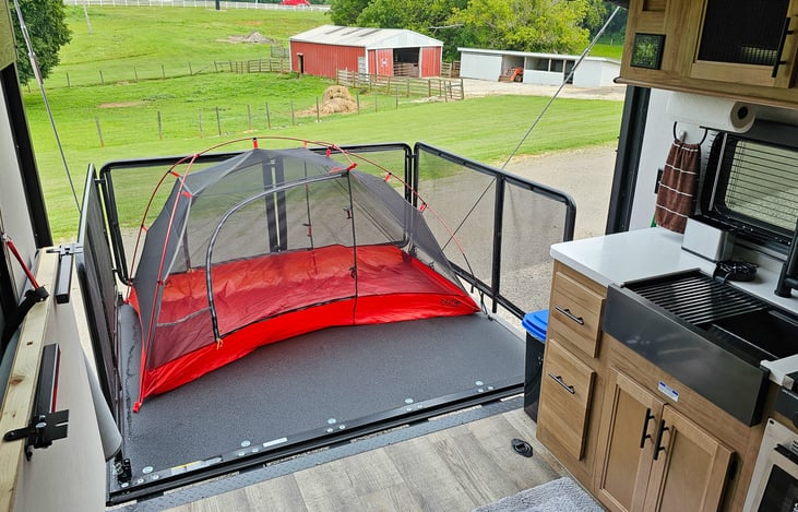 Can fit a tent for a fun blend of camping experiences. *Tent is additional, as are air mattresses.