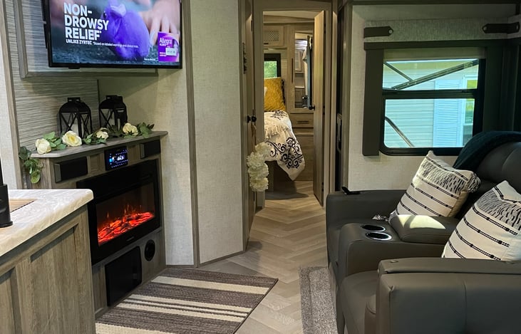 Living room TV and fireplace