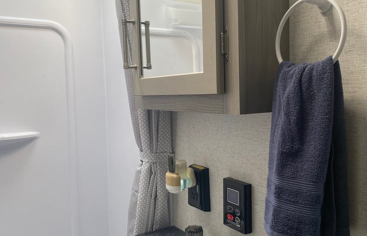 Vanity and bathroom sink.