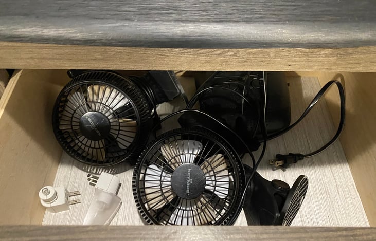 Bunkhouse drawer storage with fans and nightlights