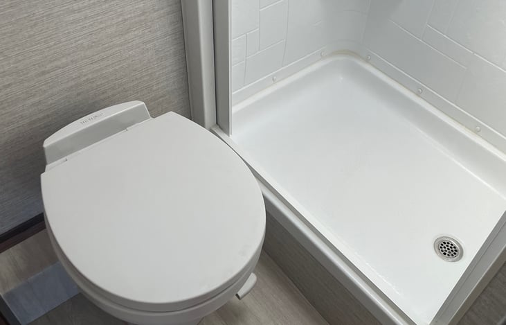 Full size toilet with foot flush.