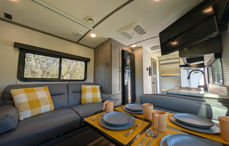 This well-equipped camper comes with everything you and your group will need for a cozy adventure.