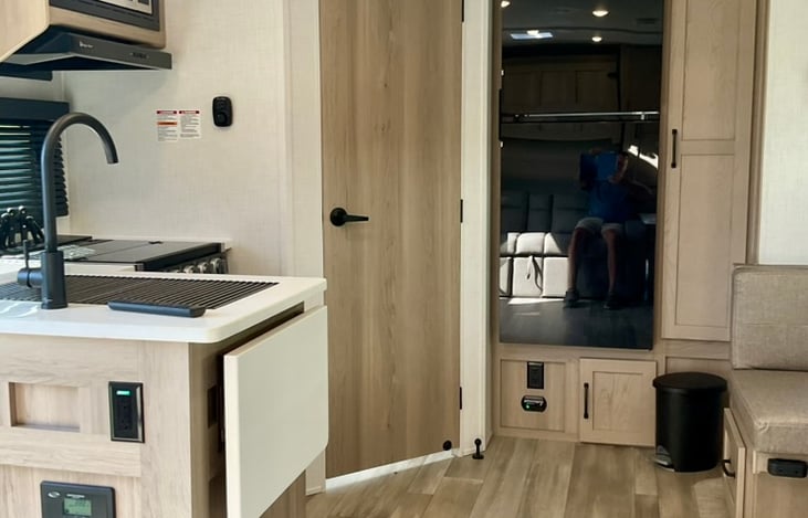 Kitchen with mid size fridge/freezer