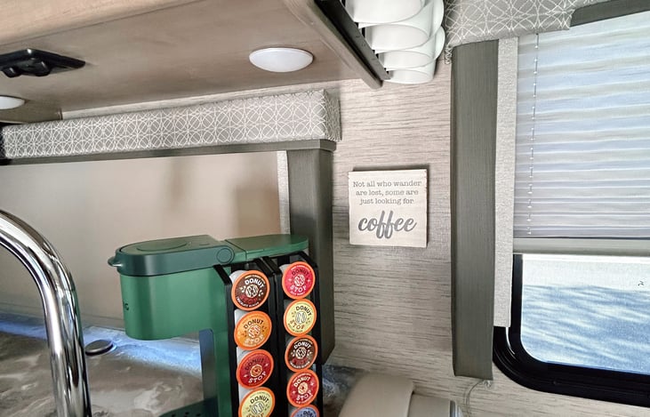 Coffee bar with variety of coffees provided.