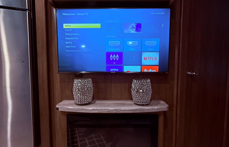 Smart TV AND beautiful fire place with ambiance lighting.  Fireplace has multiple temperature setting or just enjoy the ambiance with mood lighting.