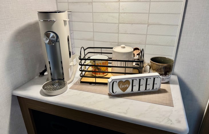 FREE Complimentary coffee nook comes fully stocked and ready for you to enjoy your morning cup of Joe!
