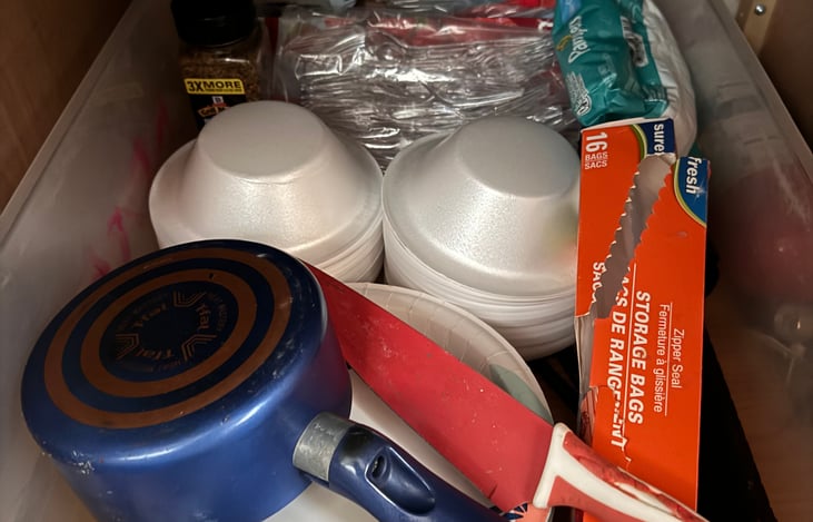 Just a few basics to get you by. 
Plastics Forks
Bowls
Salt/Pepper
Knife
Paper Plates
Steak Seasoning