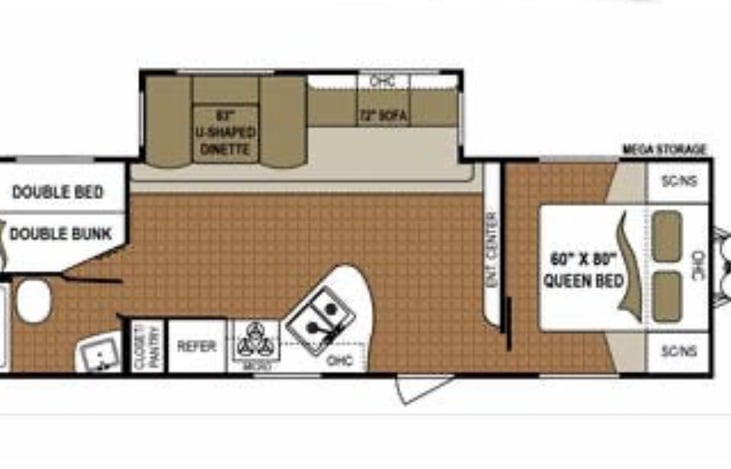Floorplan with master bedroom, living room/kitchen, double bunkbeds, and full bathroom