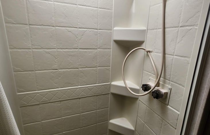 Skylight-lit shower, controls, and shelving