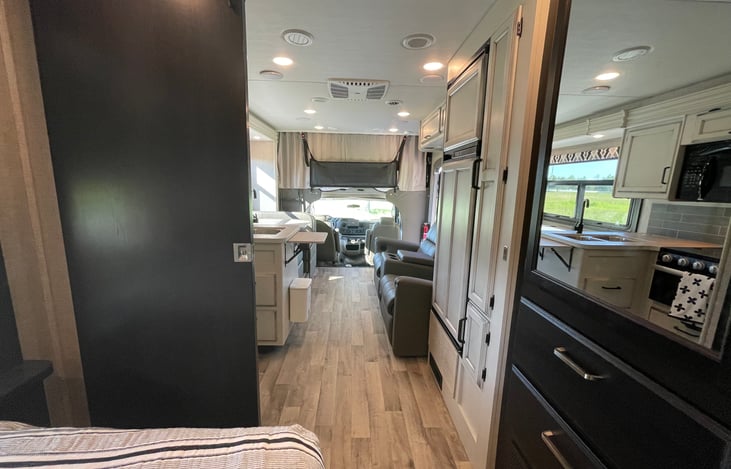 View from the master bedroom, with a door for privacy.