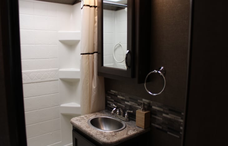 Hot and cold shower, wash sink, medicine cabinet, and an underneath cabinet for added storage, hand soap, and toilet paper included.