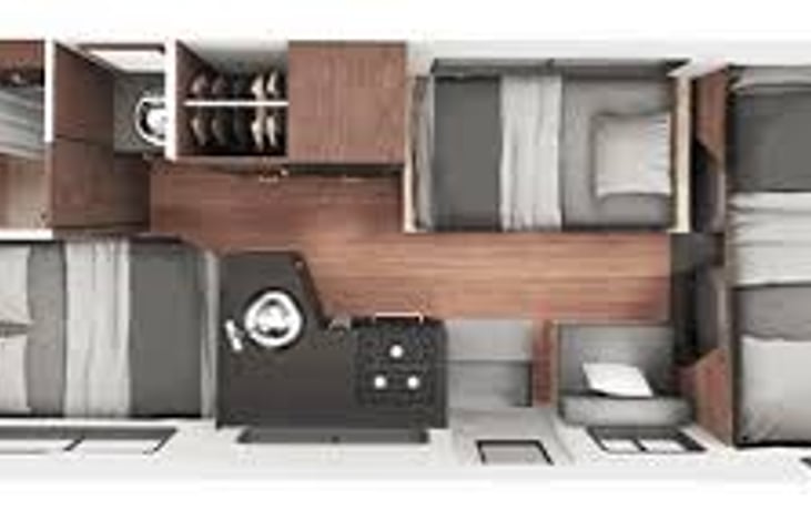 Floorplan when the dinette is converted into a bed and the view of the over bunk.