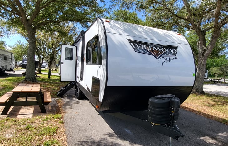 Brand new (2024) Wildwood Platinum 22ERAS.  Open layout concept like what you would see in a 5th wheel.  Electric, Propane & Solar Power options.