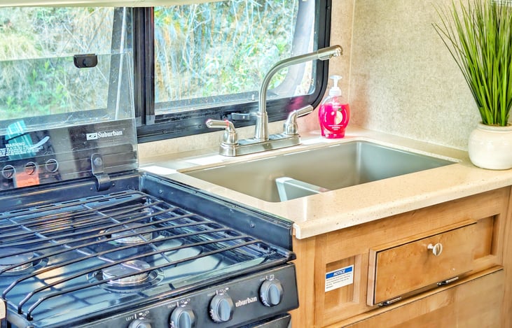 Large 3 burner propane burner stove is great for some quick pasta before heading out on a sunset hike.
