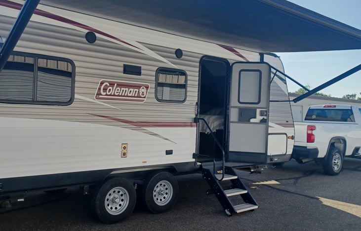 Doorside of trailer with awning
