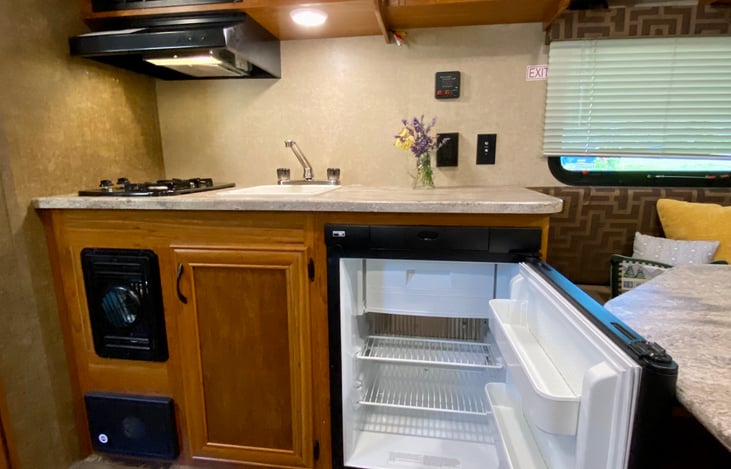 The Kitchen. Fridge, 2 burner stove top, microwave, and sink!