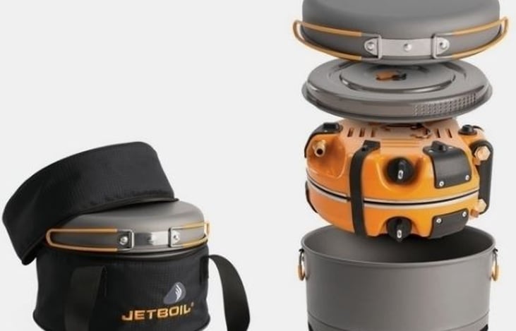 The Jetboil Base Camp cooking system can't be beat! Dual burners, glorious nonstick surfaces...and it all folds up neat and tidy in the carry bag. Connect to on-board propane and voila! You're a chef!