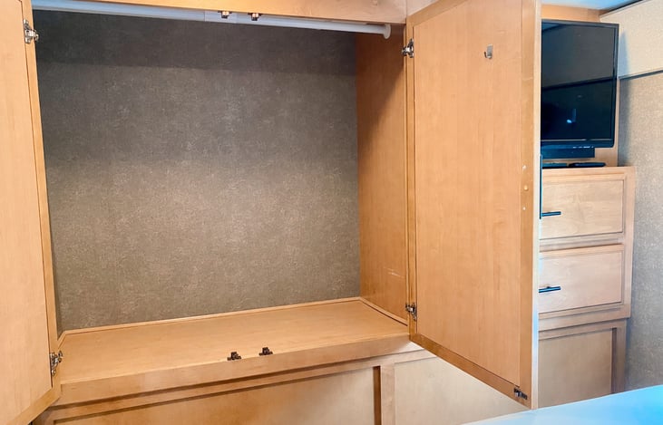 Good size closet with rod (with hangers, not pictured) for clothes storage.