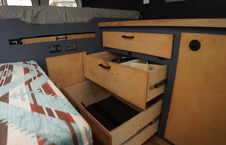 Plenty of Storage for kitchen supplies.  The bottom drawer includes a lock to secure cameras and laptops.